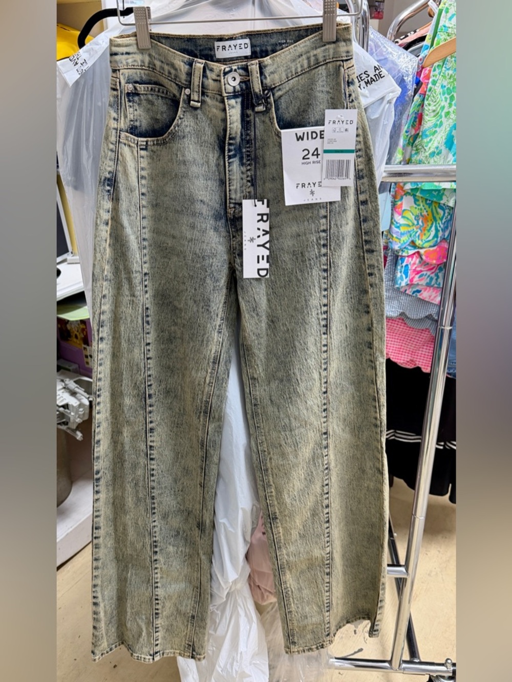 Frayed High-Rise Wide Leg Jeans — Acid Wash - NWT